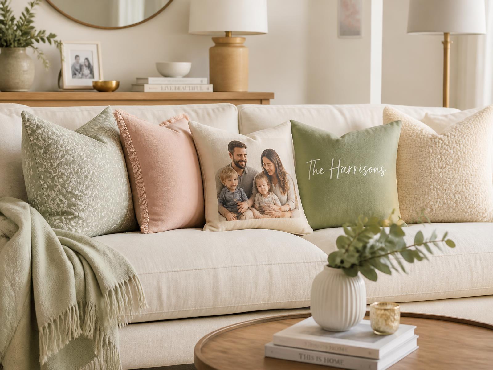A cream sofa styled with personalised photo and name cushions in a bright living room